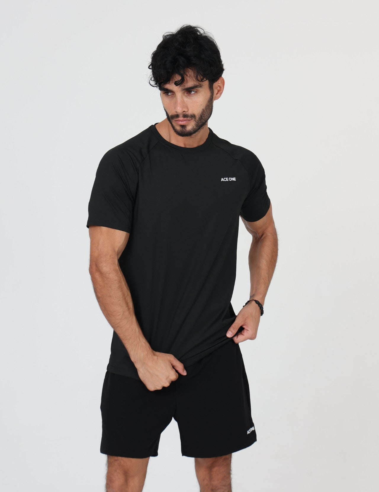 Ace One Black men's athletic t-shirt and short – stretch activewear top with clean design, perfect for court and gym