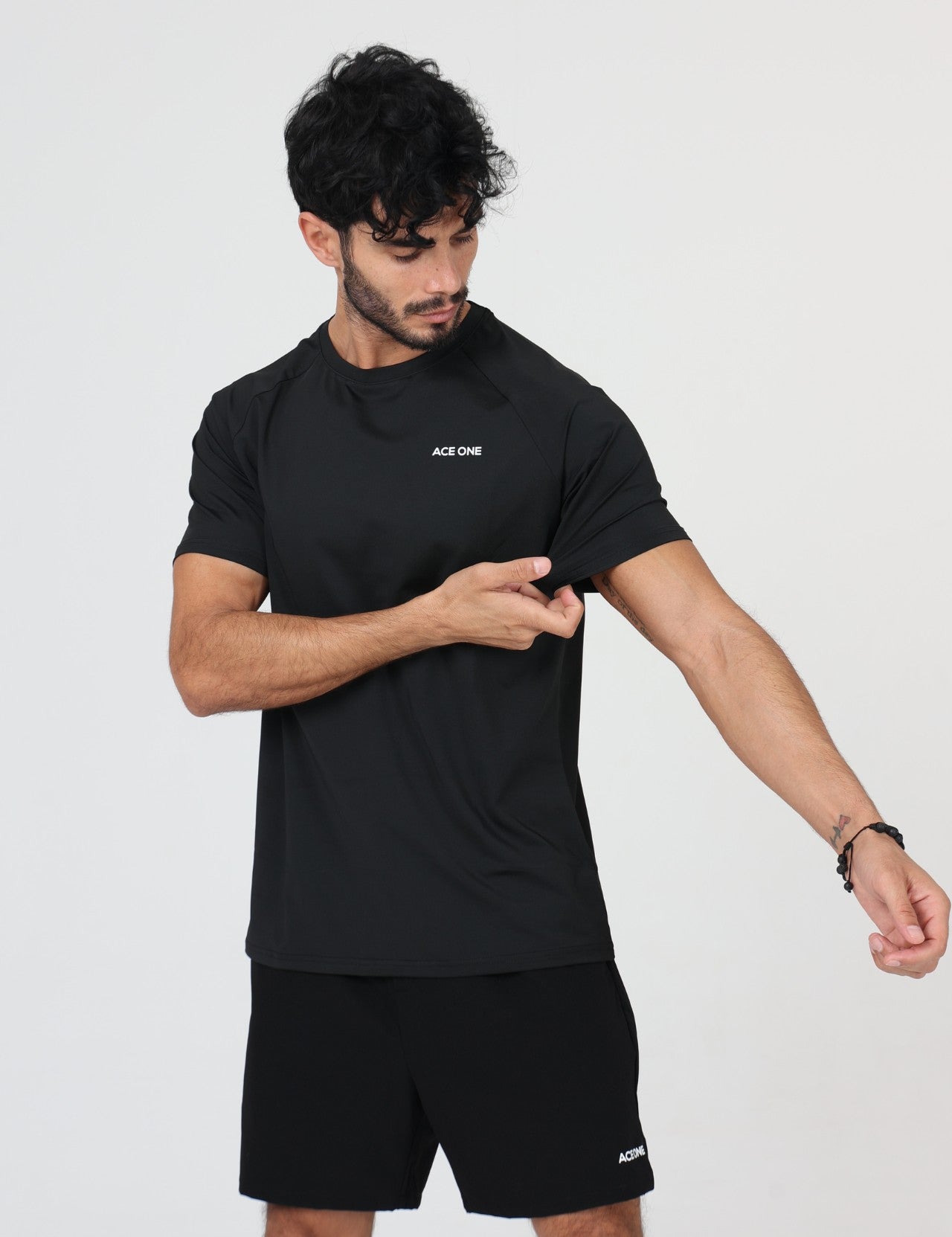 Ace One Black men's active set with fitted t-shirt and short – stretch activewear top with clean design, perfect for court and gym