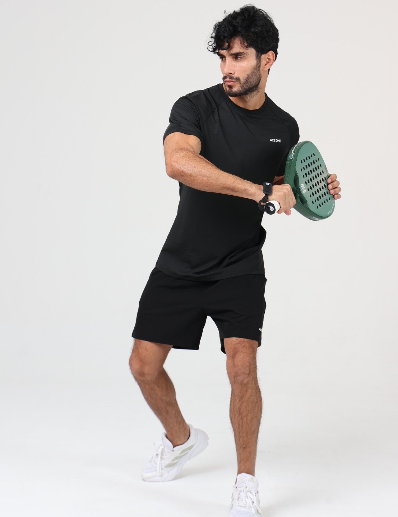 Ace One Black men's active padel set with fitted t-shirt and short – stretch activewear top with clean design, perfect for court and gym
