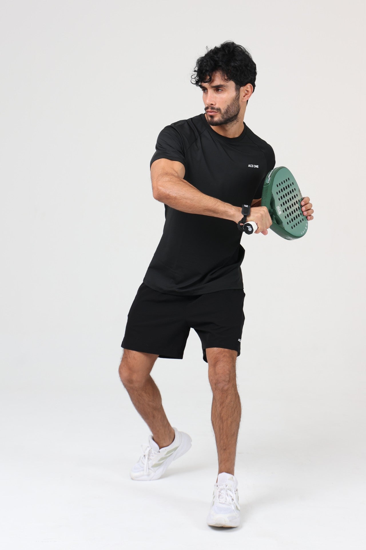 Ace One Black men's active padel set with fitted t-shirt and short – stretch activewear top with clean design, perfect for court and gym