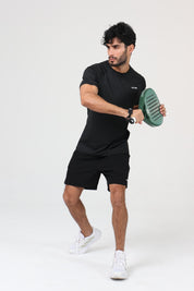 Ace One Black men's active padel set with fitted t-shirt and short – stretch activewear top with clean design, perfect for court and gym