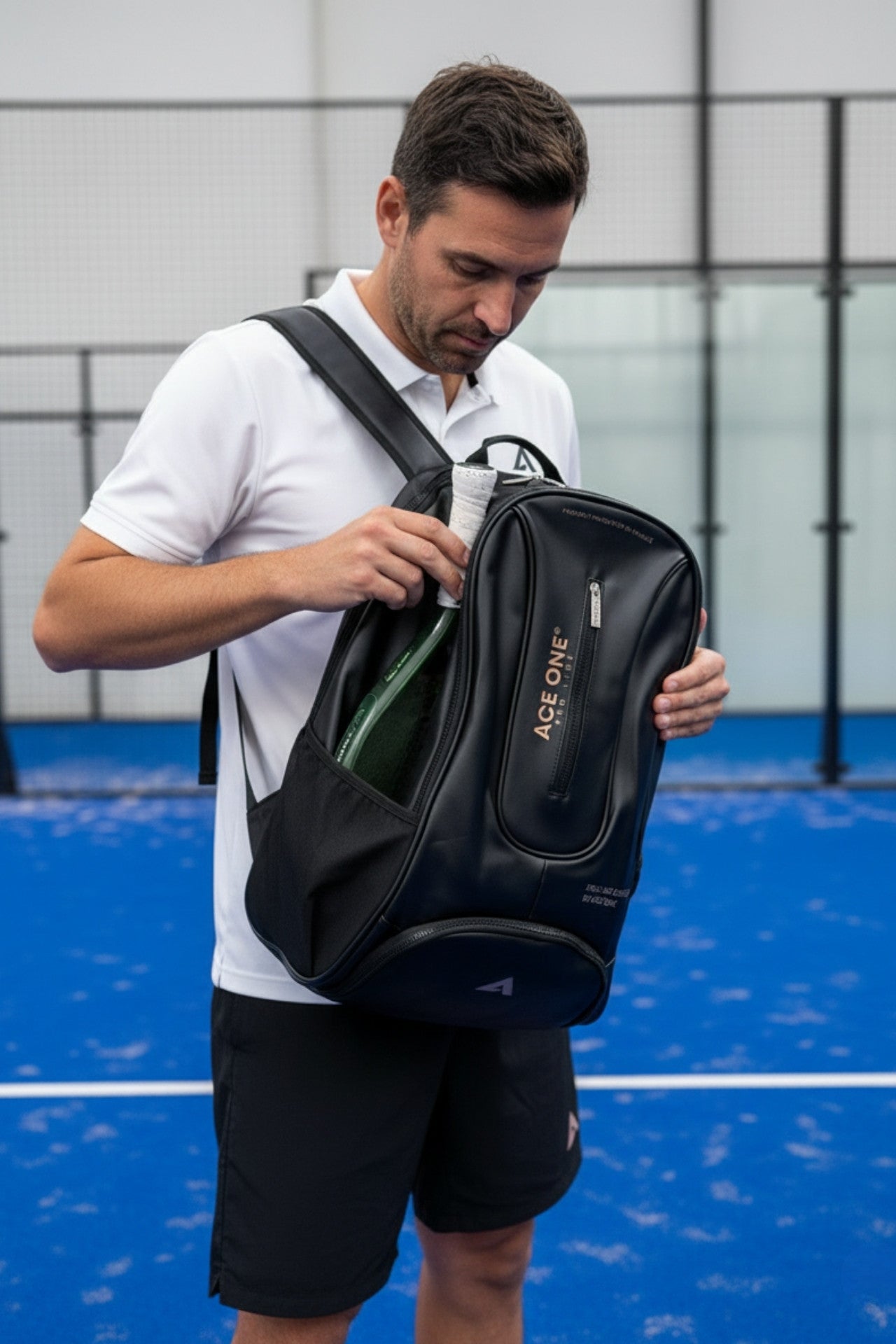 Padel player carrying ACE ONE PRO-LINE black backpack from office to padel court