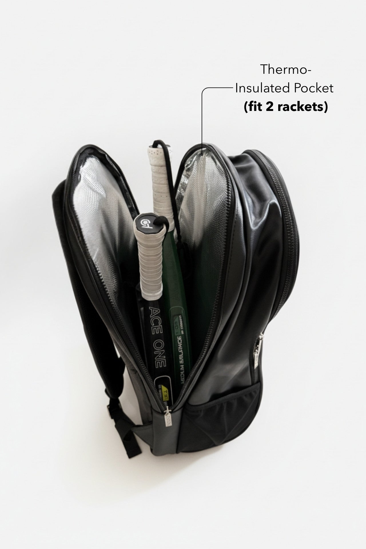 ACE ONE PRO-LINE padel backpack open showing rackets fitting inside