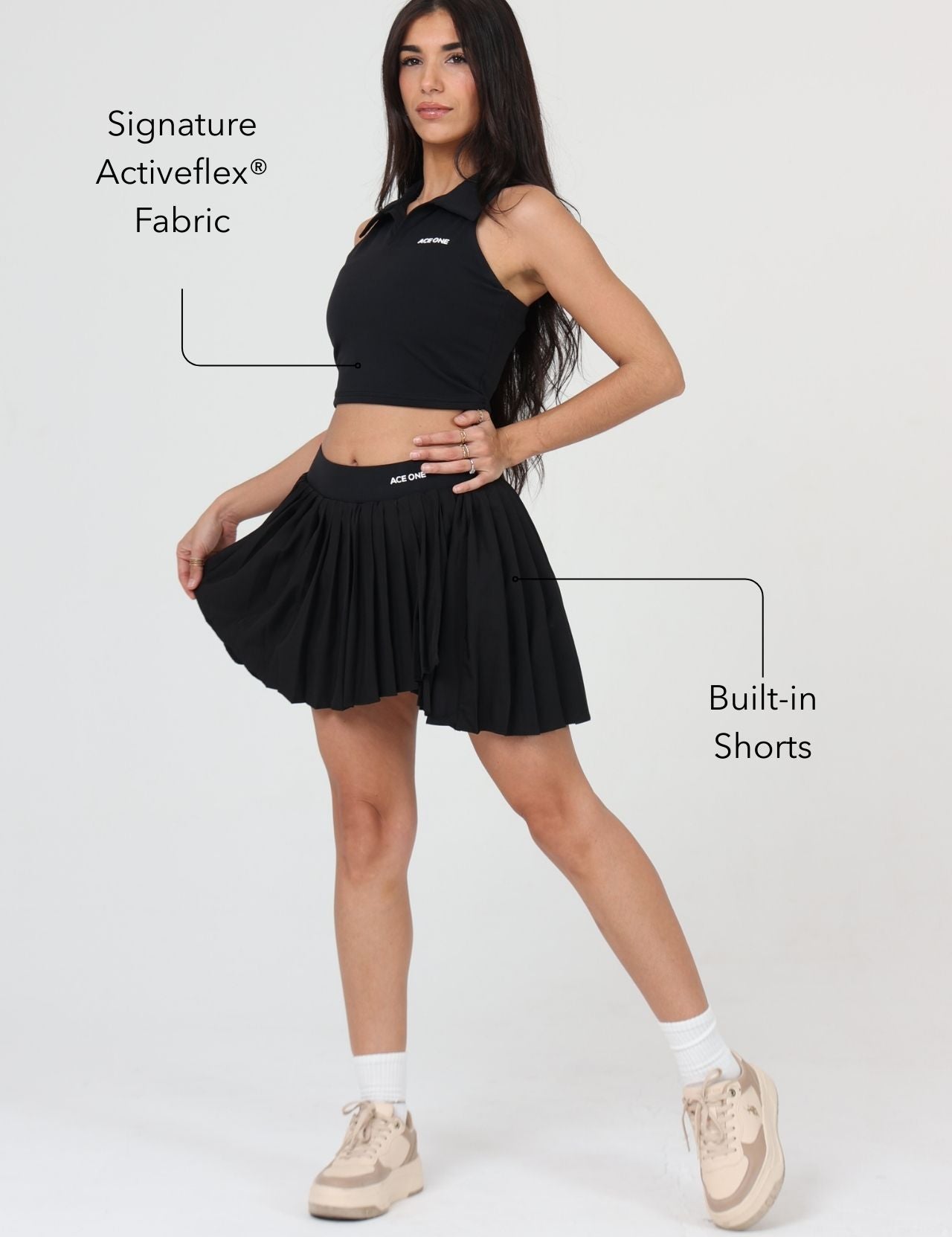 Women's black tennis set – elegant and functional skirt for padel, tennis or active lifestyle.