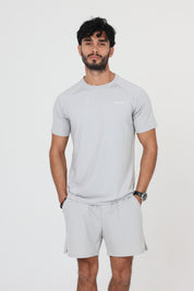 Ace One Men's grey sports set with fitted t-shirt and short – comfortable and technical sportswear designed for mobility and performance.