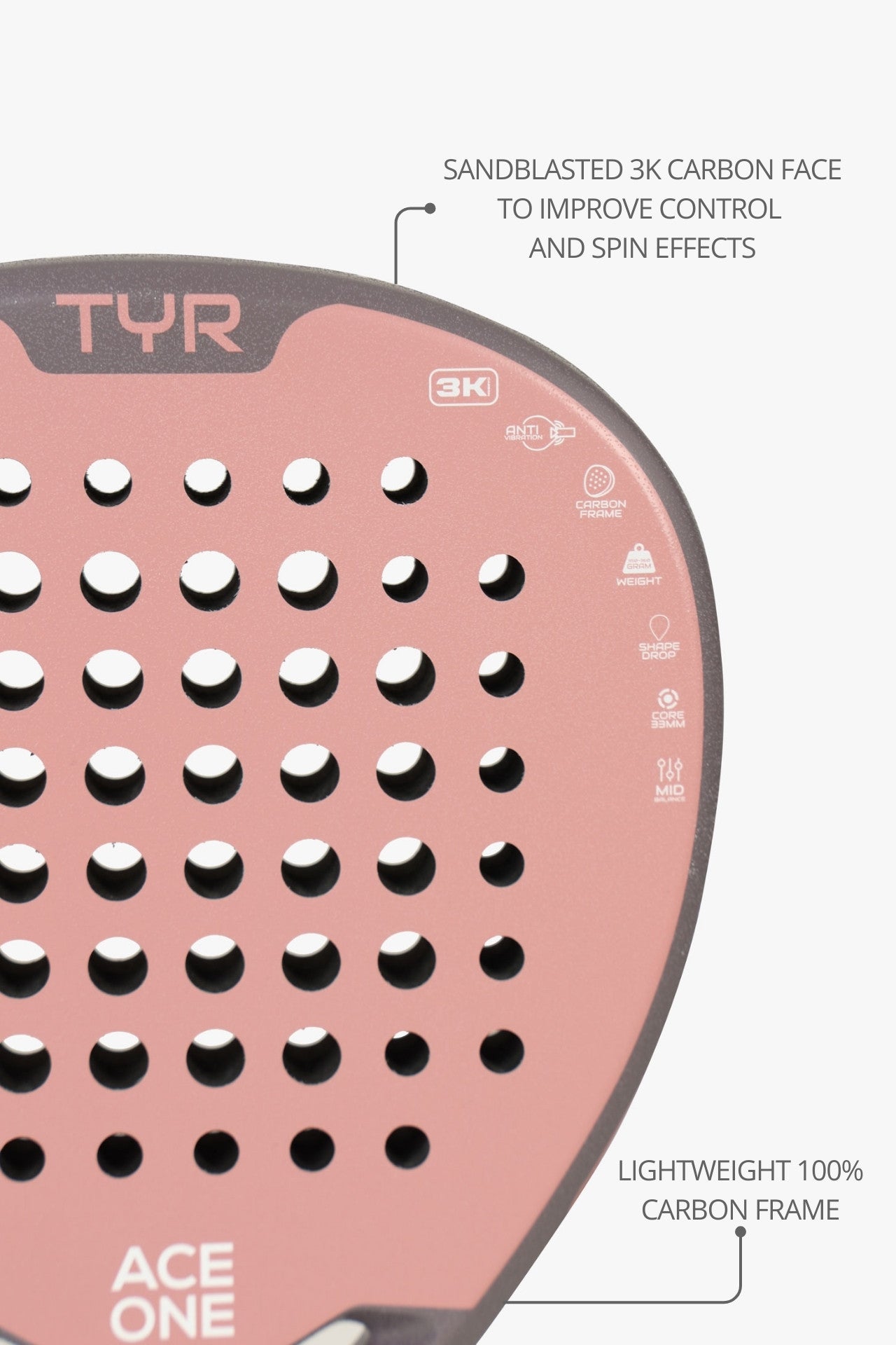 ACE ONE TŸR Pink padel racket profile and frame detail