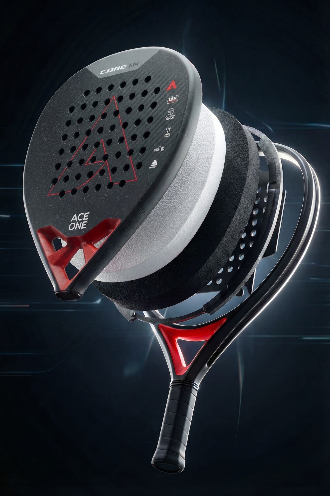 ACE ONE Cøre 12k Carbon padel racket profile showing hybrid EVA foam